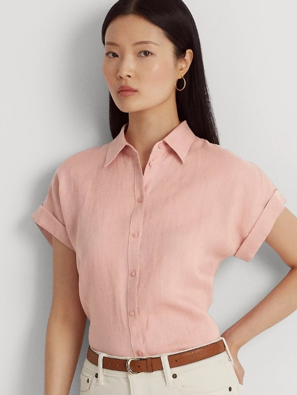 Lauren Ralph Lauren Pinky Peach Rolled Short Sleeve Linen Buttondown Shirt 3X